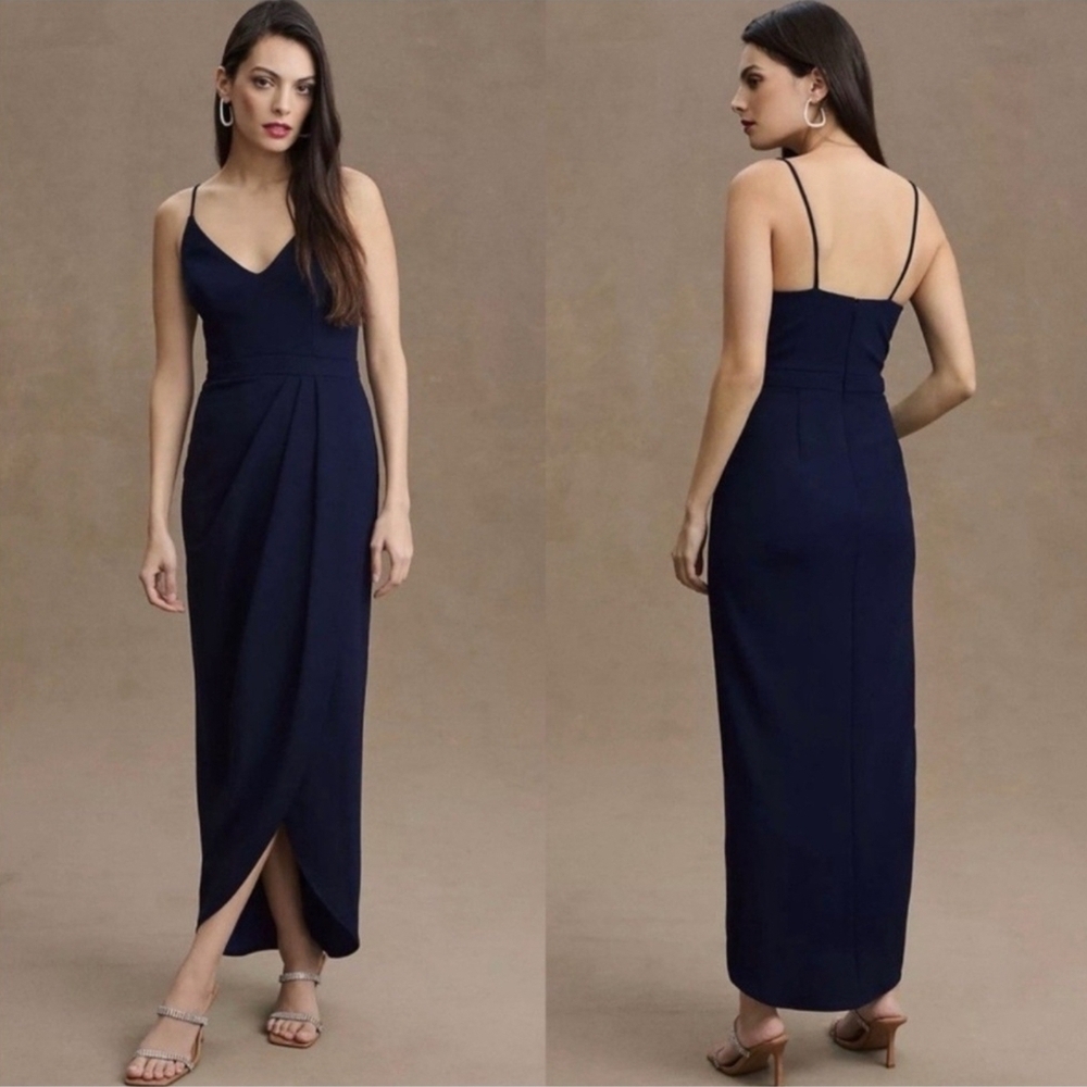NWT‎ Anthropologie BHLDN Size US 16 Midi Dress Lyra V-Neck Faux Wrap Crepe Navy